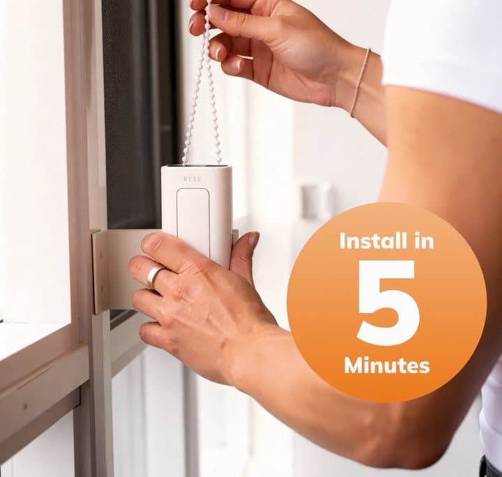 Person pressing the RYSE SmartShade onto its mounting bracket by a window, labelled install in 5 minutes