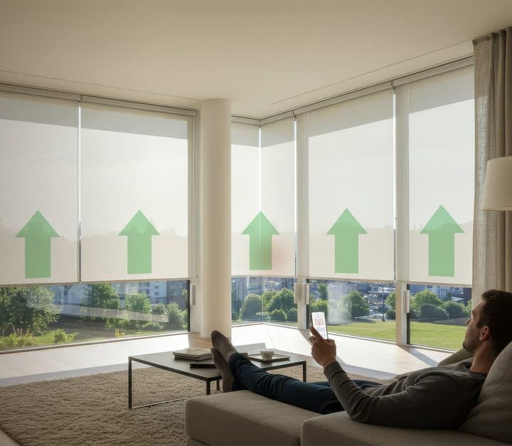 Man on a sofa raising several roller blinds in a living room using his phone