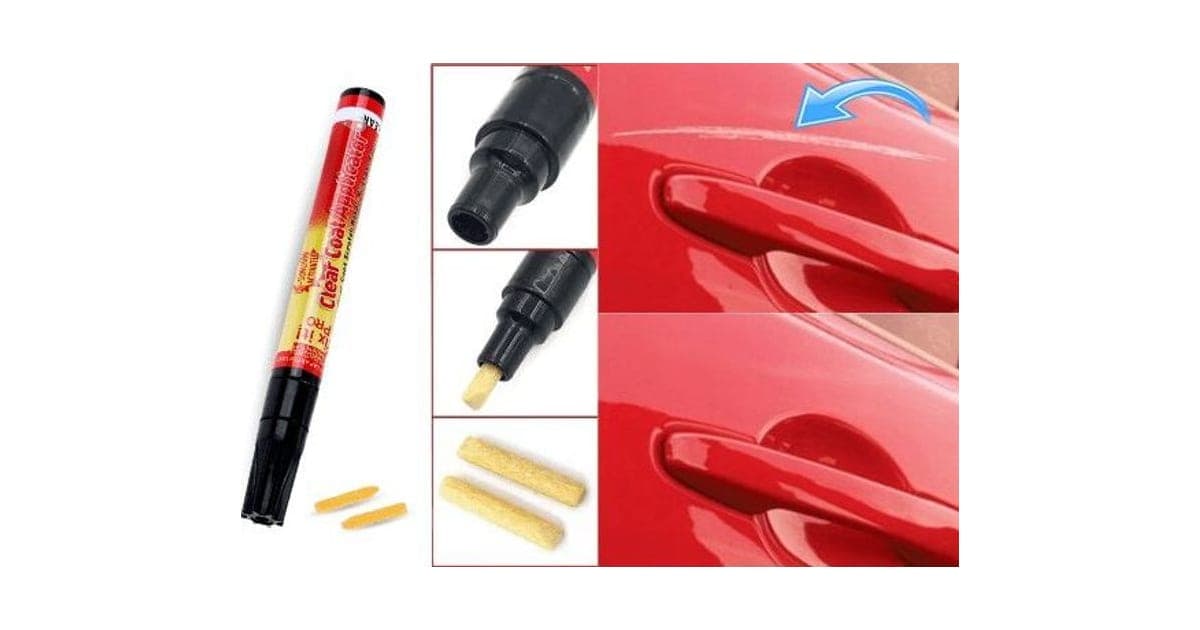 ScratchUndo Pro red and yellow clear coat pen with spare felt tips, beside before and after photos of a scratch on a red car door
