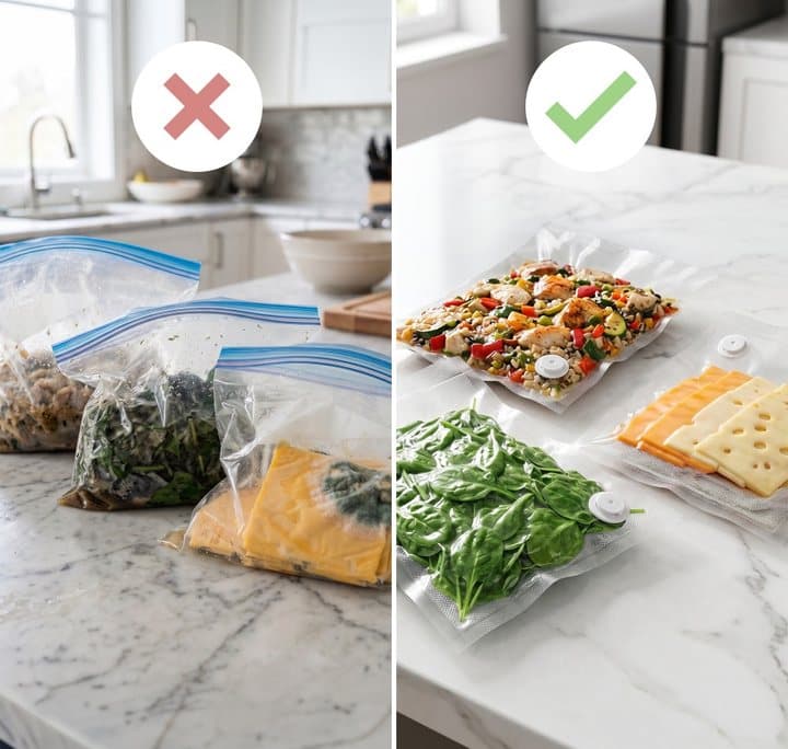 Seller's comparison of a cluttered zip bag of food versus neat vacuum-sealed bags