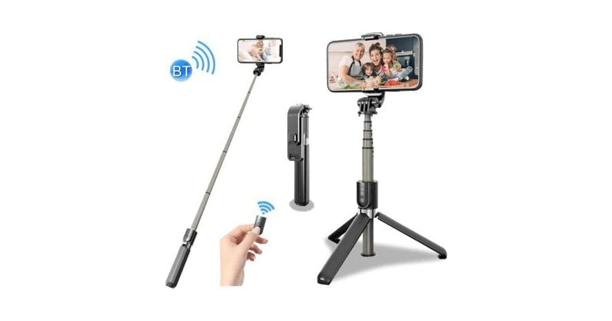 SelfCam Pro black selfie stick extended with a phone at the top, beside the same stick standing as a tripod and a hand holding a Bluetooth remote