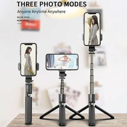 Three selfie sticks on tripods holding phones in portrait and landscape at different heights, under the words three photo modes