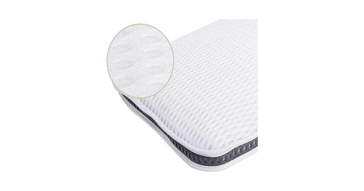 White SenseSleep pillow with a textured 3D mesh cover and a grey mesh side panel, with a close-up of the weave