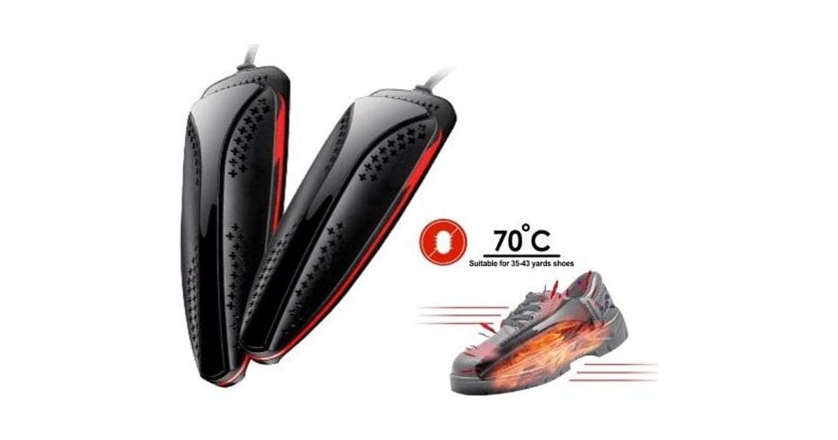 Two black ShoeSterilizer Pro heated inserts with red glowing edges, beside a trainer shown with heat waves and a 70 degree label