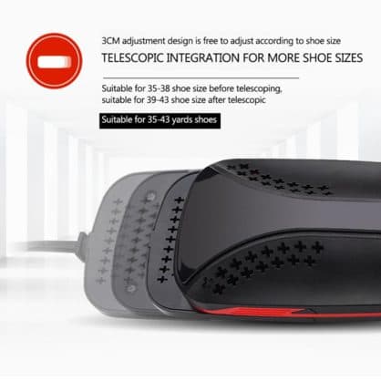 ShoeSterilizer Pro insert extending in steps, with text saying it suits sizes 35 to 38 before telescoping and 39 to 43 after