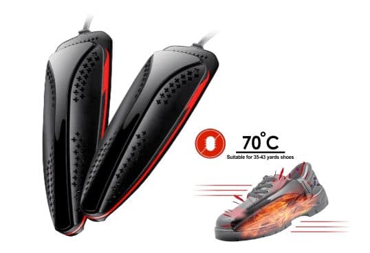 Pair of black perforated ShoeSterilizer Pro inserts with red light strips, a 70°C icon, the text suitable for 35-43 yards shoes, and a trainer with heat graphics