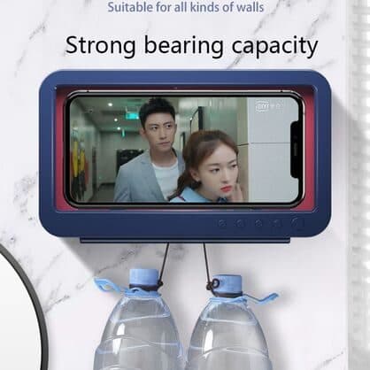 ShowerTime Max mounted on a marble-effect wall with two large water bottles hanging from hooks beneath, under the heading strong bearing capacity