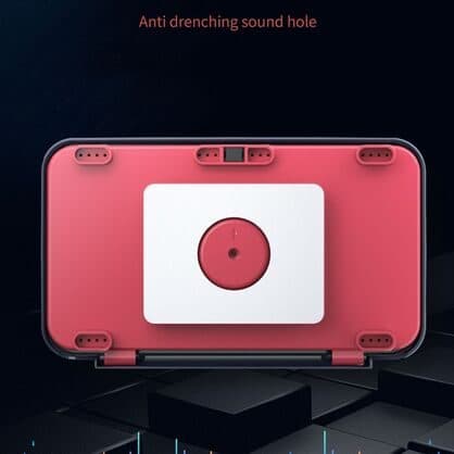 Back of a red ShowerTime Max case with a white adhesive square and a round valve labelled anti drenching sound hole