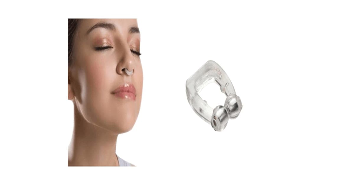 Clear silicone SilentSnore nose clip with two small silver tips, shown beside a woman wearing one in her nostrils while asleep