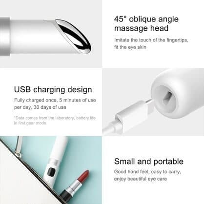 Panels showing the 45 degree angled massage head, the USB charging port with text claiming 30 days of use at five minutes a day, and the pen in a makeup bag
