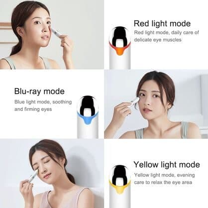 Women using the SkinBeautify Pro under their eyes, with close-ups of red, blue and yellow light rings labelled red light mode, blu-ray mode and yellow light mode
