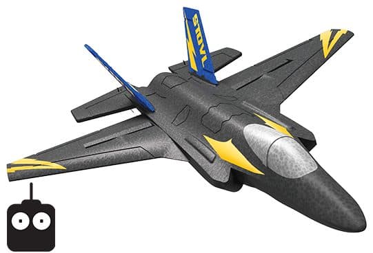 SkyHunterX foam jet from above at an angle, dark grey with a textured cockpit, yellow lightning bolt markings and twin blue vertical fins