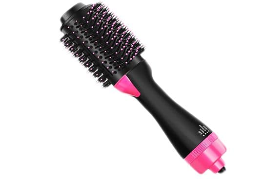SleekStyle Pro hot air brush with an oval black head, mixed nylon pins and tufted bristles, a pink collar and a switch on the black handle