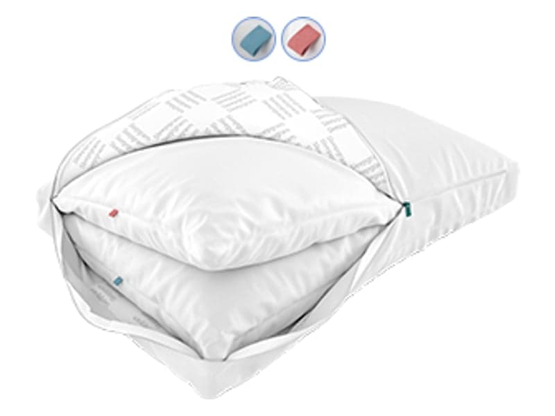 Diagram of the Sleepgram outer pillow unzipped with both the blue and red inserts stacked inside, the firm setting