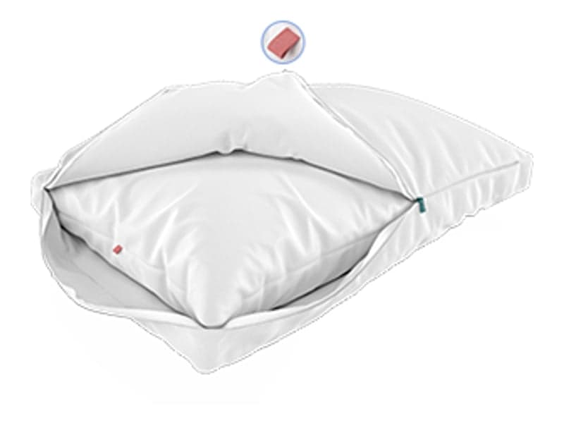 Diagram of the Sleepgram outer pillow unzipped with only the thicker red-tagged insert inside, the medium setting