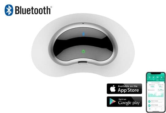 SleepLab black and silver oval unit with Bluetooth and power lights on a white adhesive patch, beside app store badges and a phone app screen