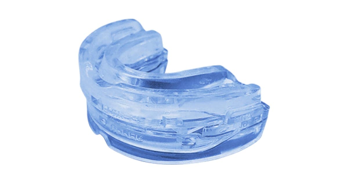 SleepZee anti-snoring mouthpiece, a clear blue dual-tray boil-and-bite device, on a white background