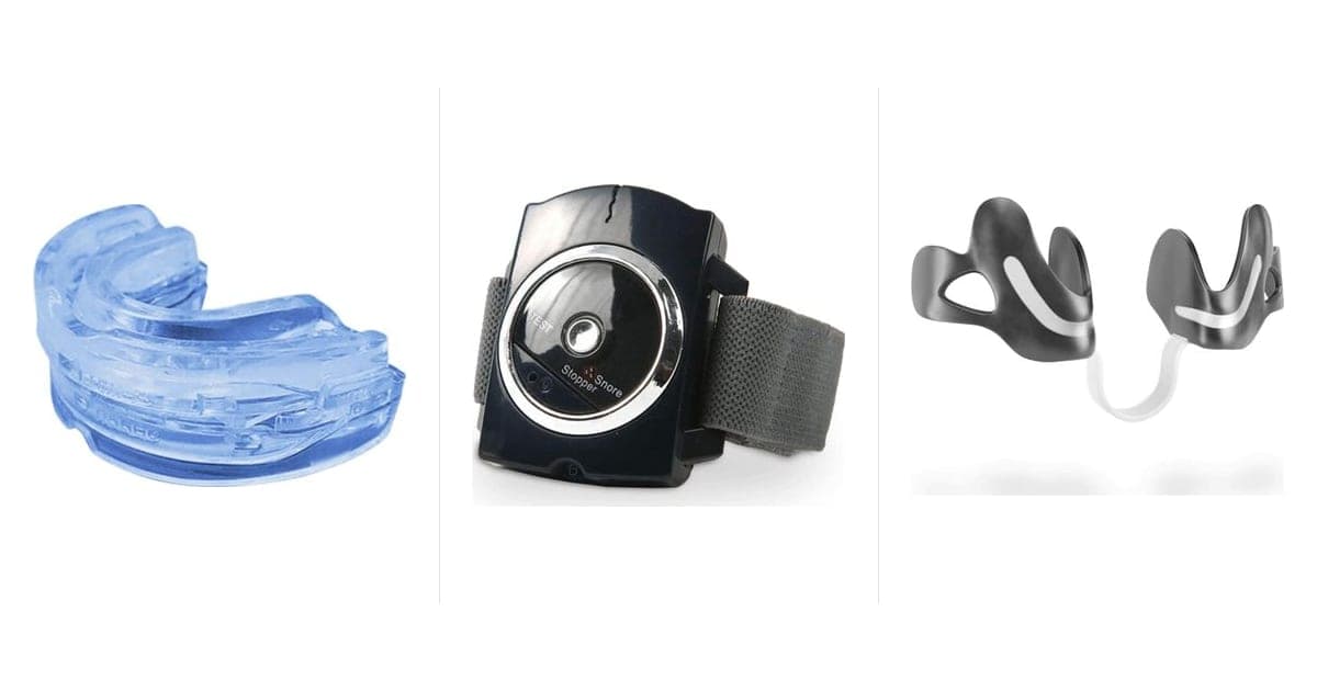 Three anti-snoring aids side by side: the clear blue SleepZee mouthpiece, the black Sleep Connection wristband and the grey Hale nasal dilator
