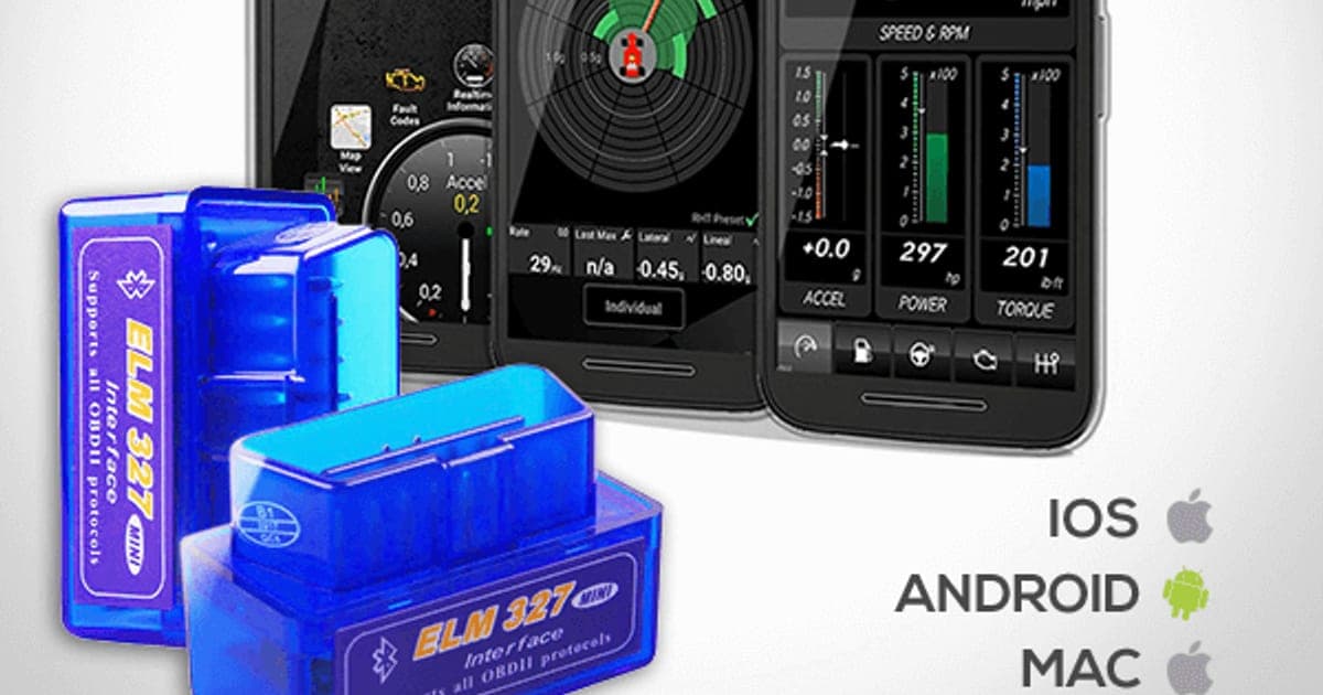 Two blue ELM 327 OBD2 adapters in front of phones showing car dashboard apps, with the SmartCar name and iOS, Android, Mac and Windows logos
