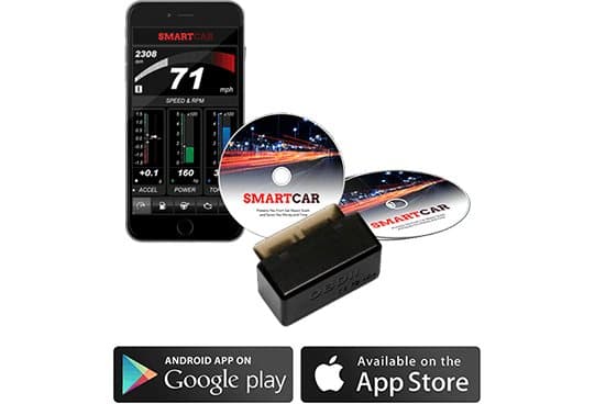 Black SmartCar OBD2 adapter with two SmartCar software discs and a phone showing a dashboard app