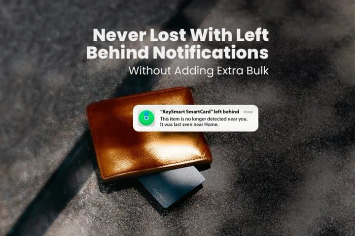 Brown leather wallet with a SmartCard and a phone notification that the KeySmart SmartCard was left behind