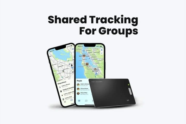 Two iPhones showing shared Find My item locations next to a SmartCard