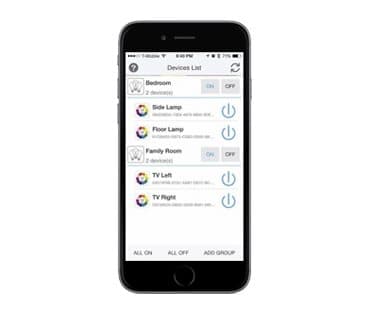 Phone showing a list of lights grouped by room with on and off buttons, shown as the SmartLight Group and Place Control add-on