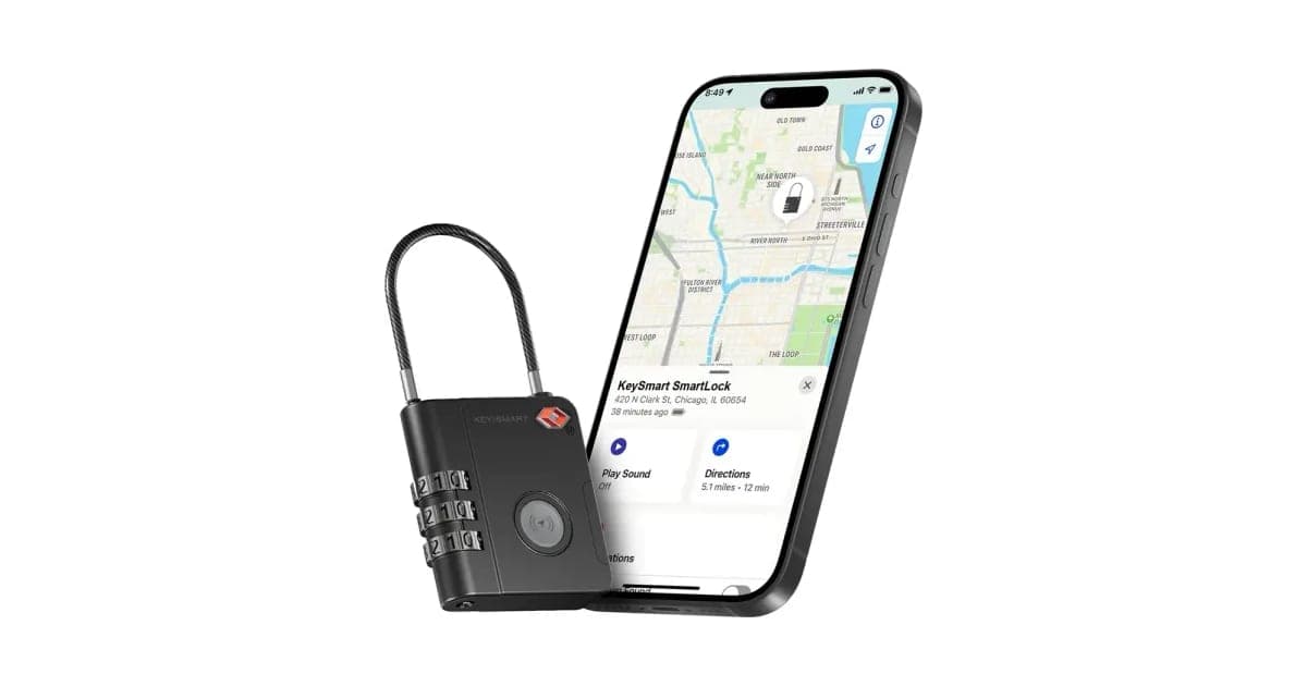 Black KeySmart SmartLock with a cable shackle and three combination dials beside an iPhone showing its location in Find My