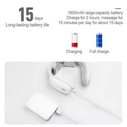 White neck massager charging from a power bank, with text claiming a 1,600 mAh battery, two-hour charge and about 15 days at 15 minutes a day
