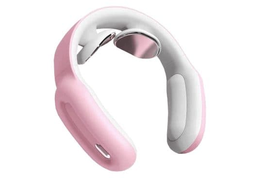 SmartRelief Pro pink and white collar with soft grey cushions on the arms and two round chrome contact pads at the back