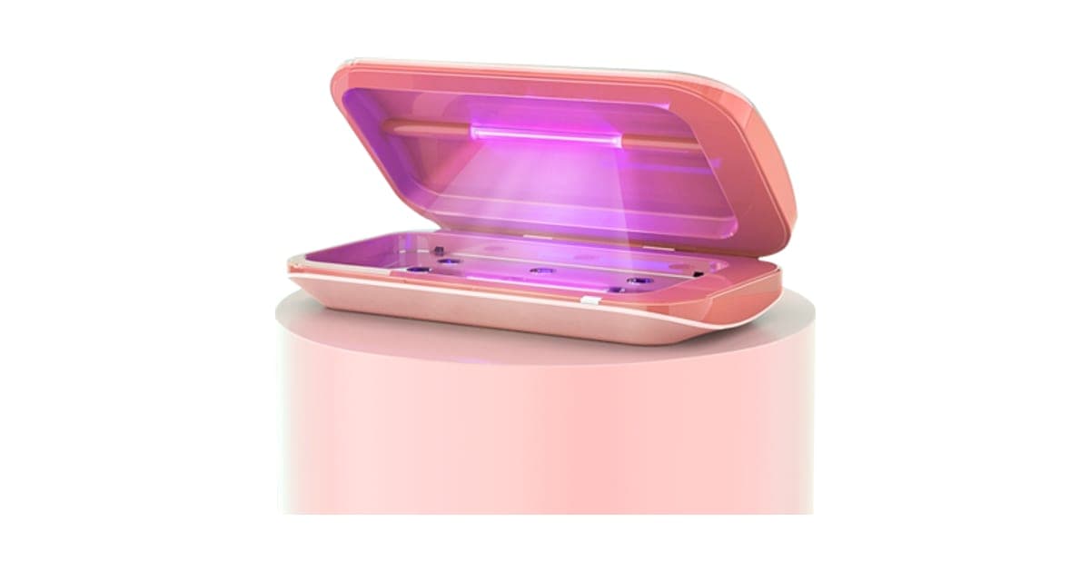 Pink SmartSanitizer Pro clamshell box open with a purple UV light glowing inside
