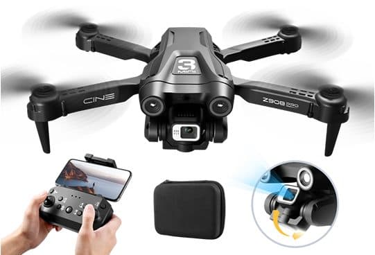 Black SmartyDrone marked Z908 Pro and Cine in flight, with a phone mounted on the remote, a zipped carry case and an inset of the camera tilting