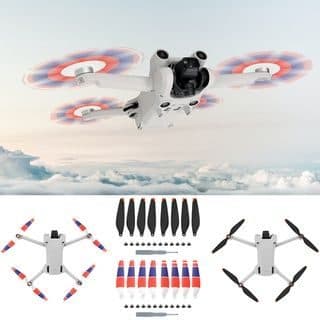 Grey and white folding drone with red-and-white propellers, plus sets of black and patterned replacement propellers and a screwdriver