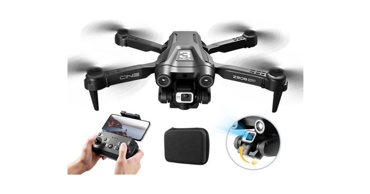 Black SmartyDrone folding quadcopter marked Z908 Pro with spinning propellers, shown with a phone-holding remote, a black carry case and a close-up of the tilting camera