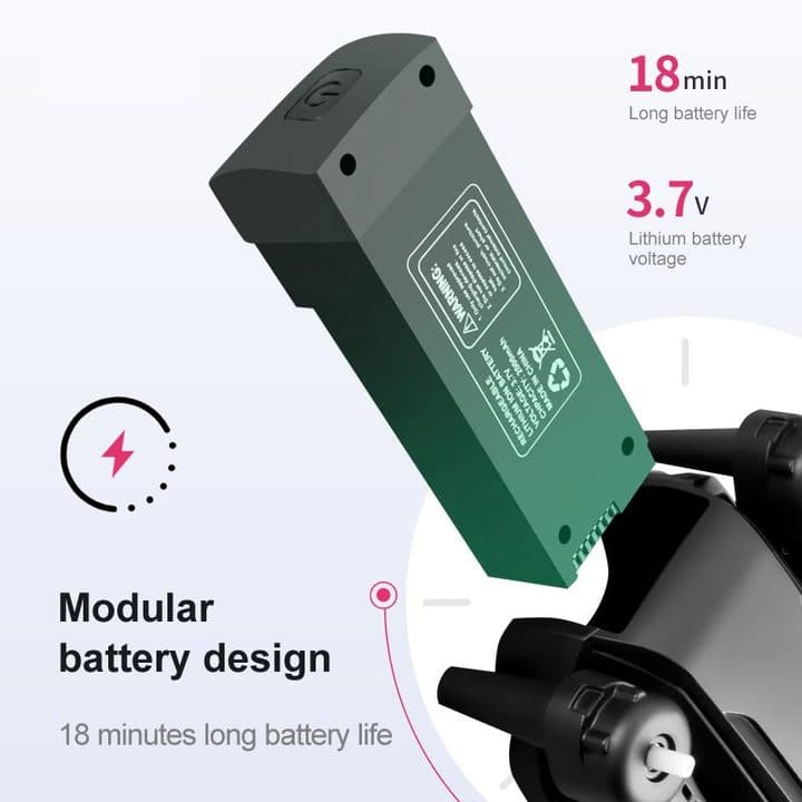 Green SmartyDrone modular battery being slid into the drone, labelled 18 minutes long battery life and 3.7V lithium battery voltage