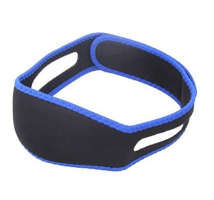 Black neoprene Snore Strap with blue piping and two ear openings, shown on its own