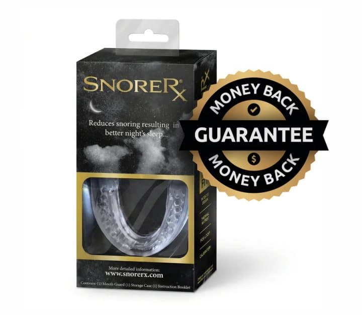 Black SnoreRx retail box showing the clear mouthpiece, with a money-back guarantee seal