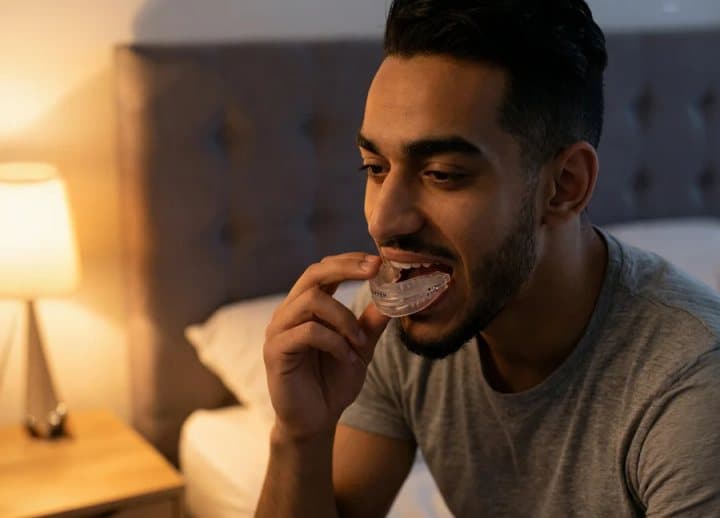 Man in bed placing a clear SnoreRX mouthpiece into his mouth