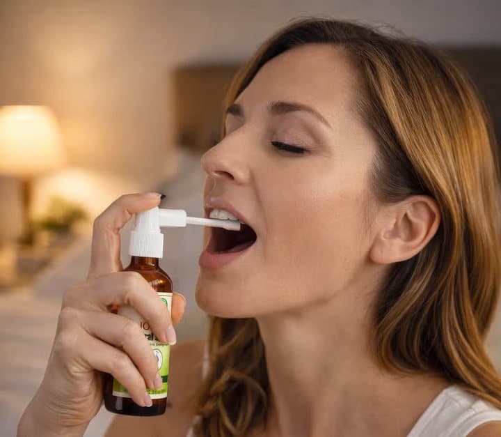 Woman in bed spraying SnoreStop into the back of her open mouth with the extended nozzle