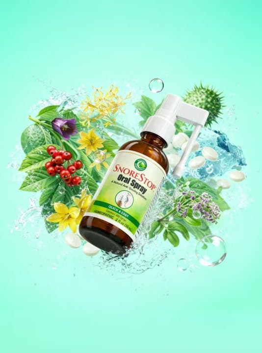 SnoreStop bottle surrounded by plants, flowers and berries on a pale green background
