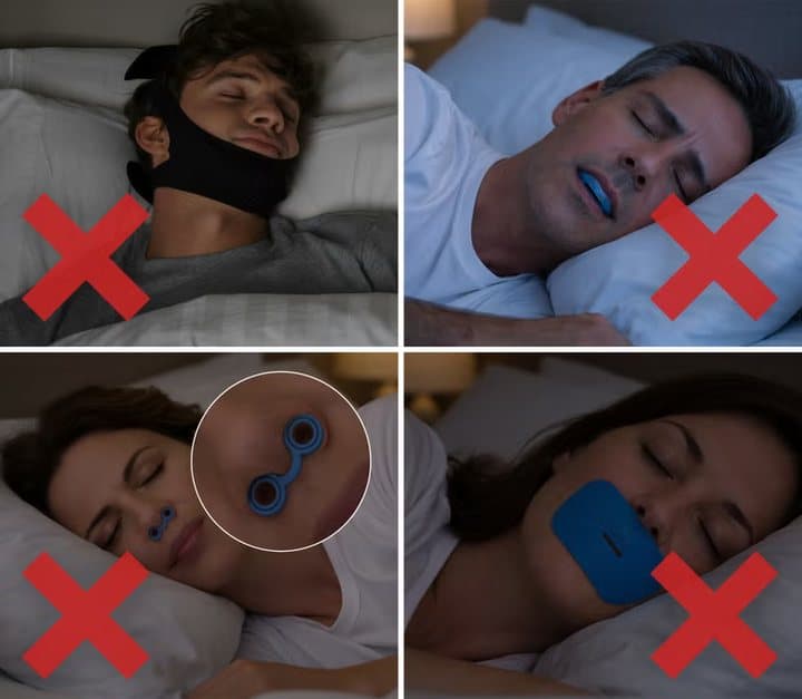 Four panels crossed out in red showing a chin strap, a mouthguard, nasal dilators and mouth tape