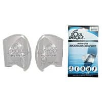 Pair of clear Soul Insole gel inserts beside a blue Soul Insole micro-size Maximum Comfort retail pack
