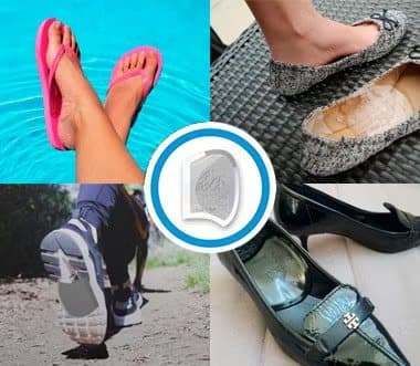 Collage of flip-flops, slippers, trainers and dress shoes around a Soul Insole insert