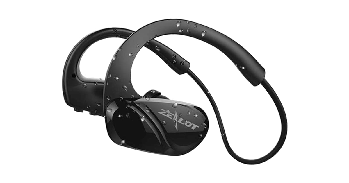 Black SoundPRO Sport wireless earphones with curved ear hooks and a connecting cable, covered in water droplets