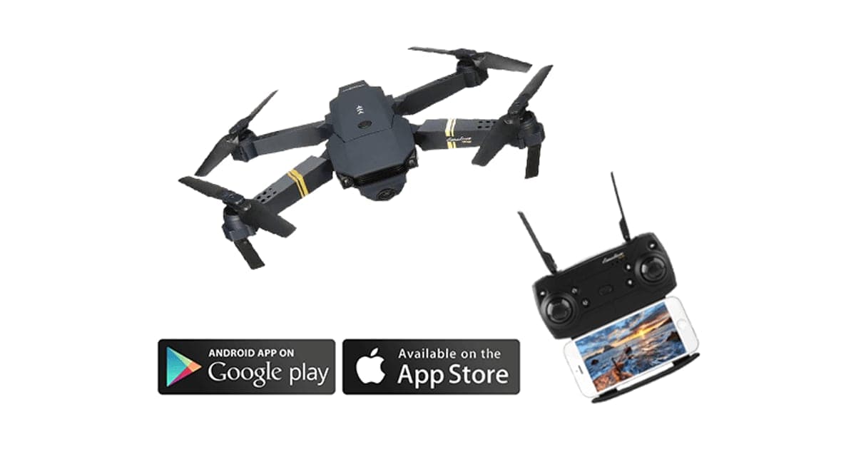 Sparkcopter black folding drone with yellow motor rings next to its controller holding a phone
