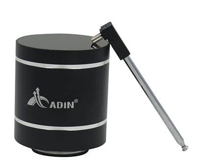 Adin-branded black vibration speaker with a telescopic aerial plugged into its top, used for the SpatialSound Edge FM radio add-on