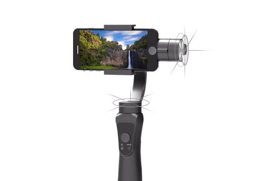 Grey StableCAM PRO gimbal holding a phone in landscape mode, with motion lines around its three motors