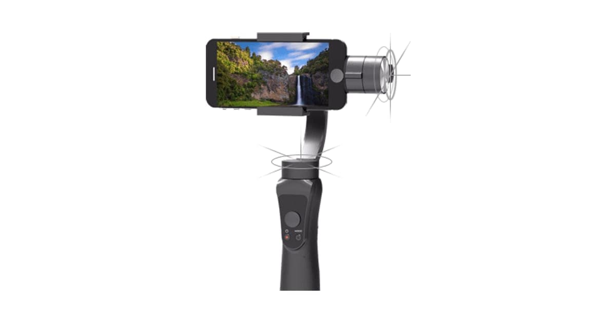 Grey StableCAM PRO handheld gimbal holding a smartphone in landscape mode, showing a waterfall on screen