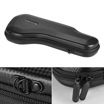 Black textured semi-hard zipped carrying case for the StableCAM PRO, with close-ups of the zip and strap loop