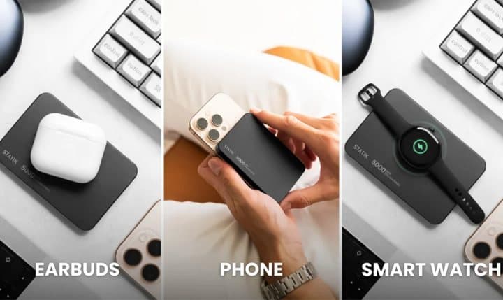 Three panels showing Statik State charging earbuds, a phone and a smartwatch